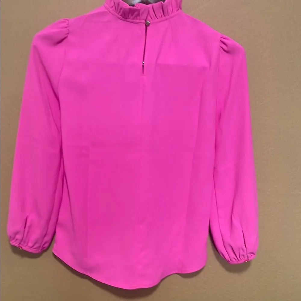 J. Crew XXS Hot Pink Blouse with Puff Sleeves and Mandarin Collar - Image 4