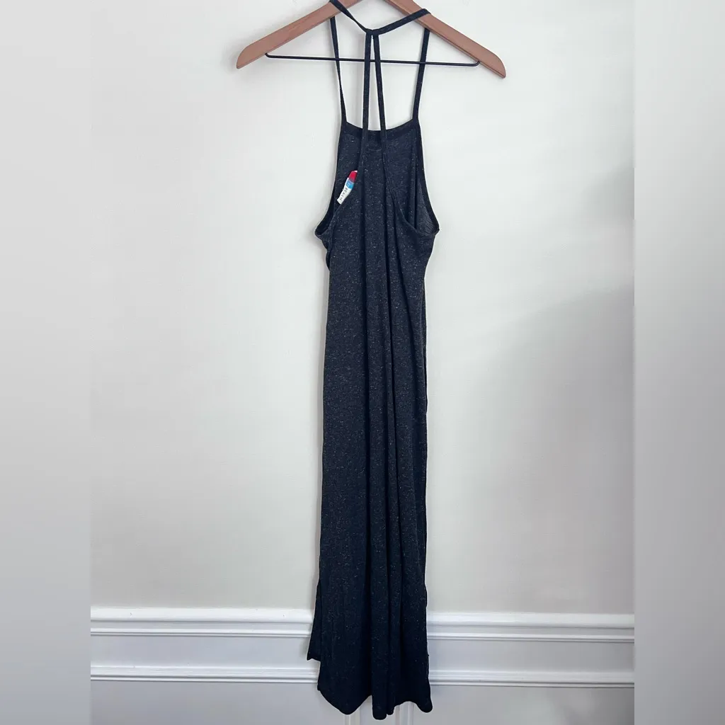 Free People beach black speckled tank midi dress side slits lightweight Flax Lin - Image 4