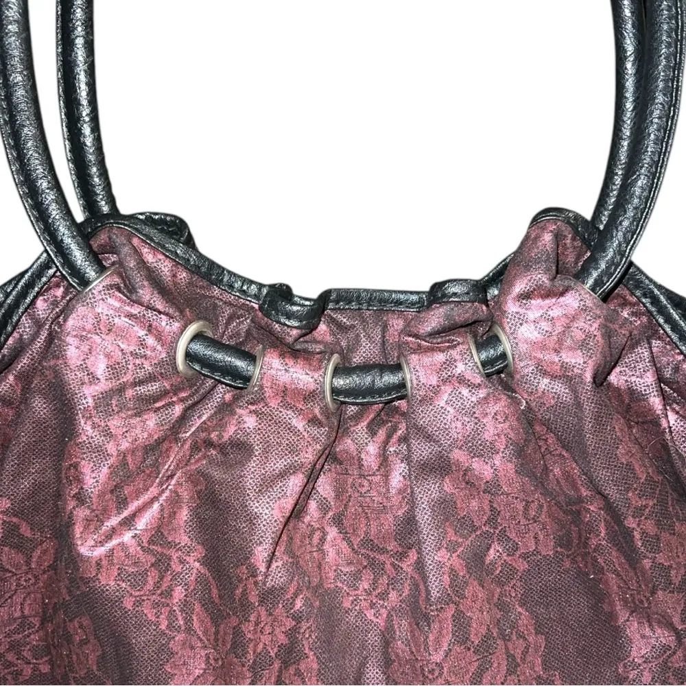 Purple and black print baggy Women's Bag. Has faux leather round strap - Image 2