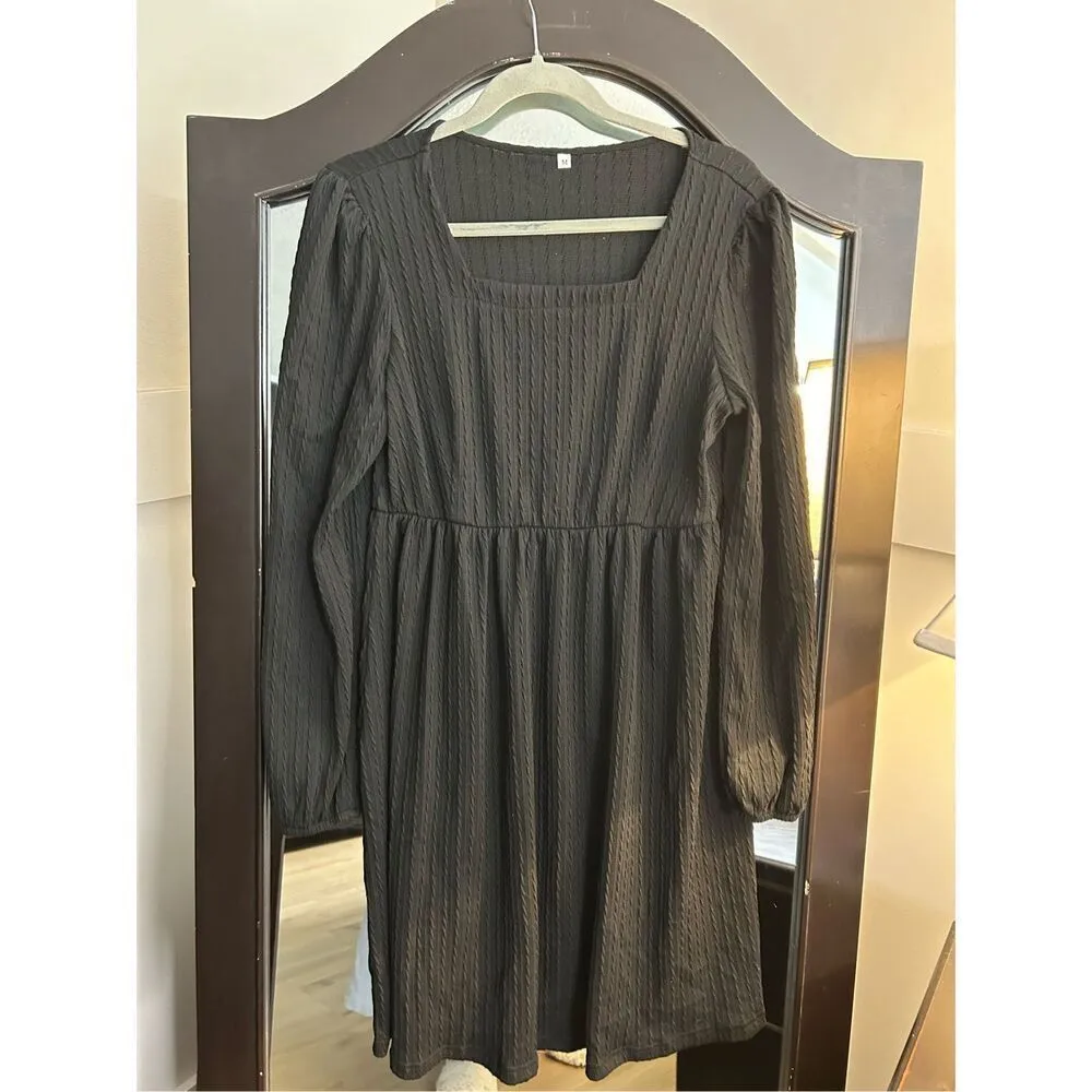 NEW Knit Dress Square Neck Long Sleeve Dress M Black Size M - Image 4