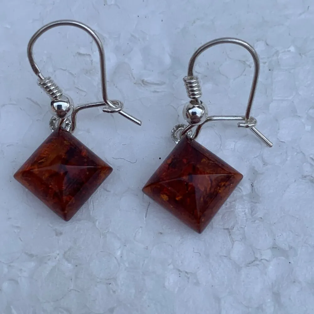 Sterling Silver 925 Diamond Shape Baltic Amber Drop Dangle Earrings Orange - Image 6