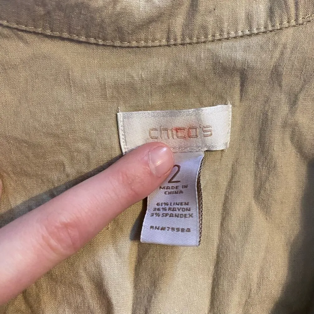Chicos 2 Jacket Tan Large Button Patch Pocket Utility Elastic Waist Linen Blend - Image 4