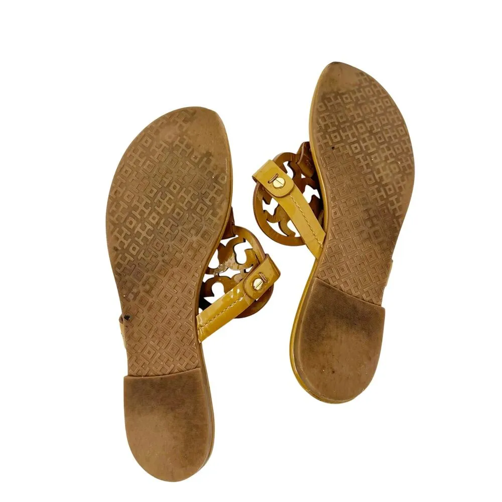 TORY BURCH Tan Caramel Patent Leather Miller Classic Designer Logo Sandals 6.5 - Image 5