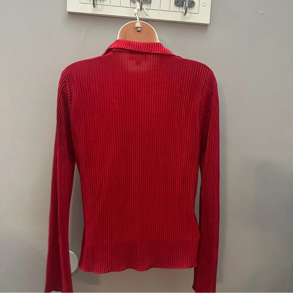 Red Ribbed Button-Up Top Free Kisses V Neck Collared Sleek Office Soft - Image 2