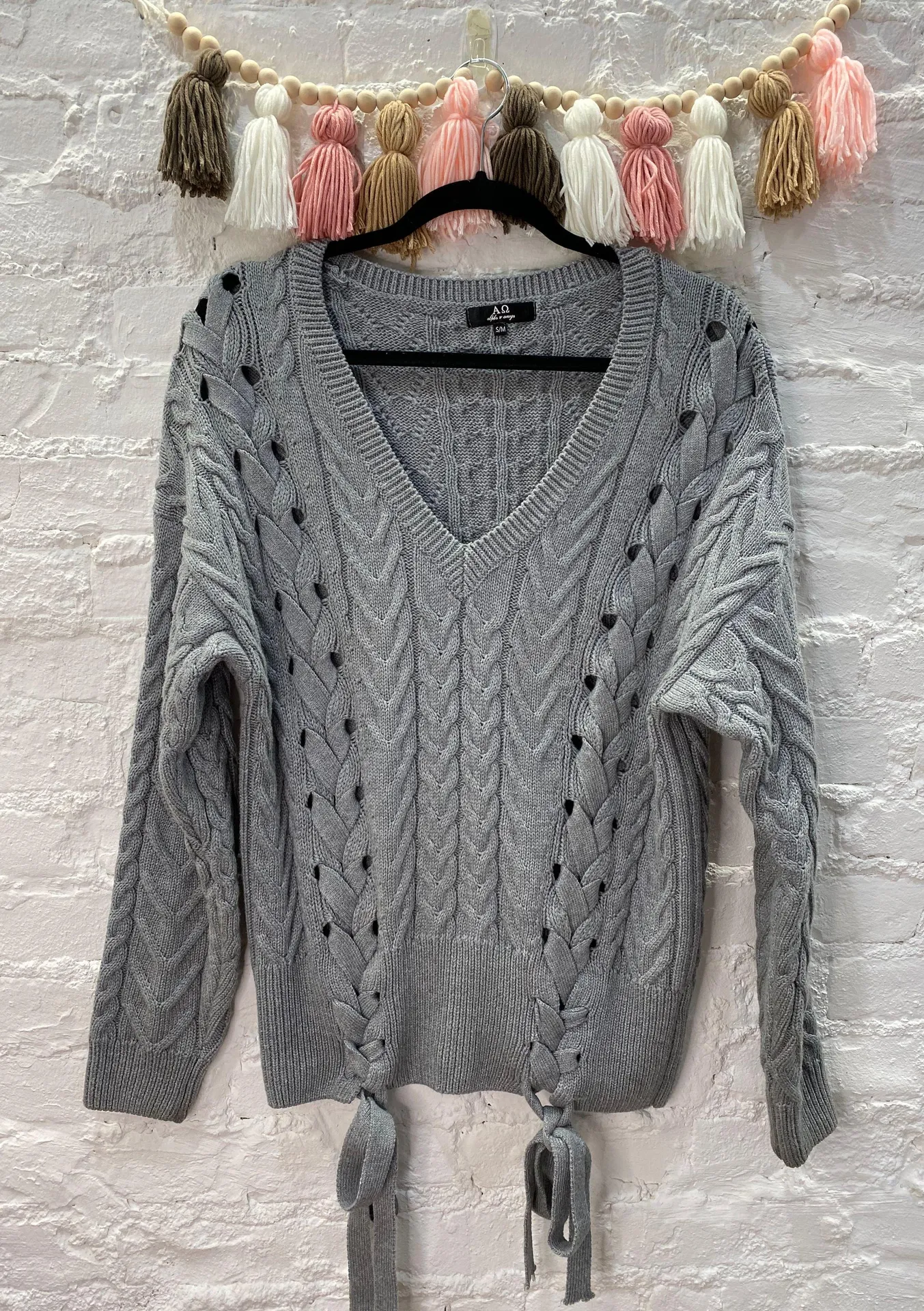 Grey Cable Knit LaceUp Sweater Gray Size M - Image 2
