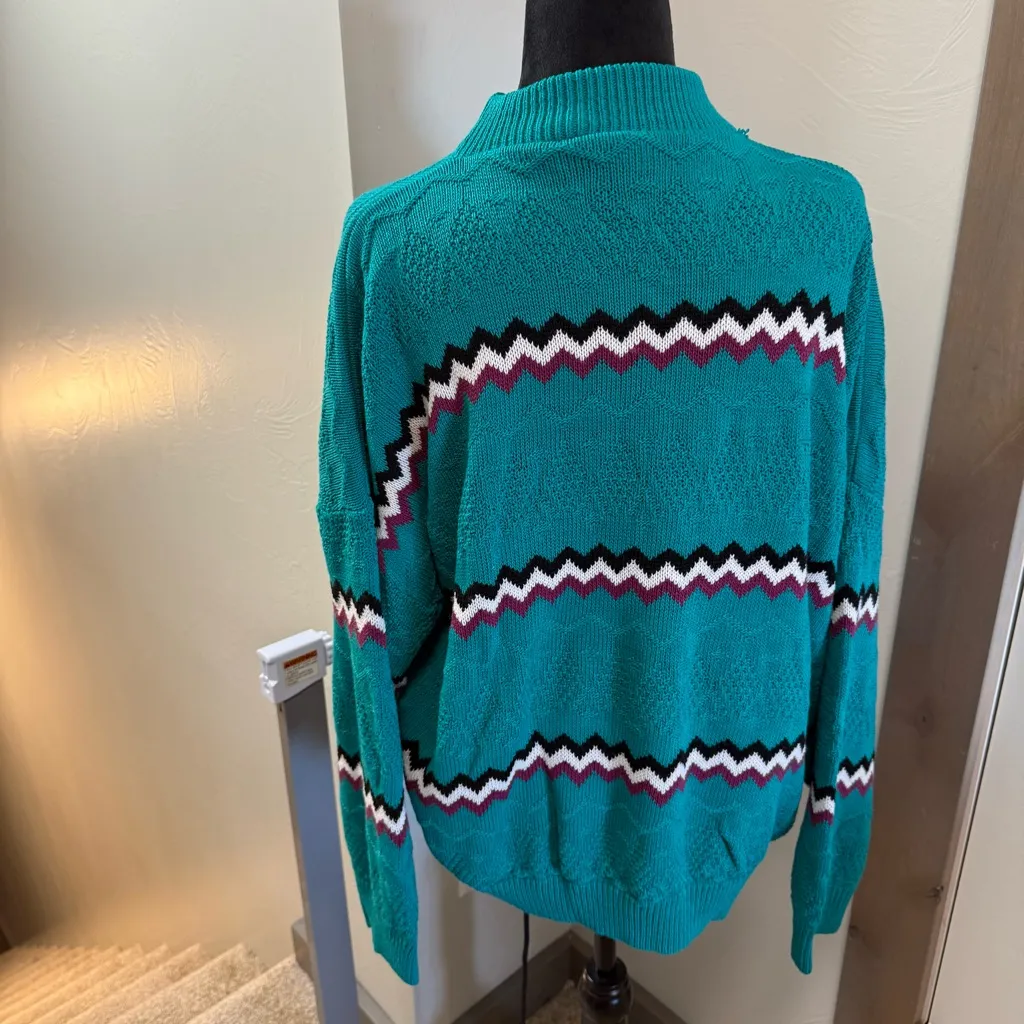 Vintage American Pride Mock Neck Turquoise Geometric‎ Stripe Knit Sweater Granny Blue Size undefined - Image 7
