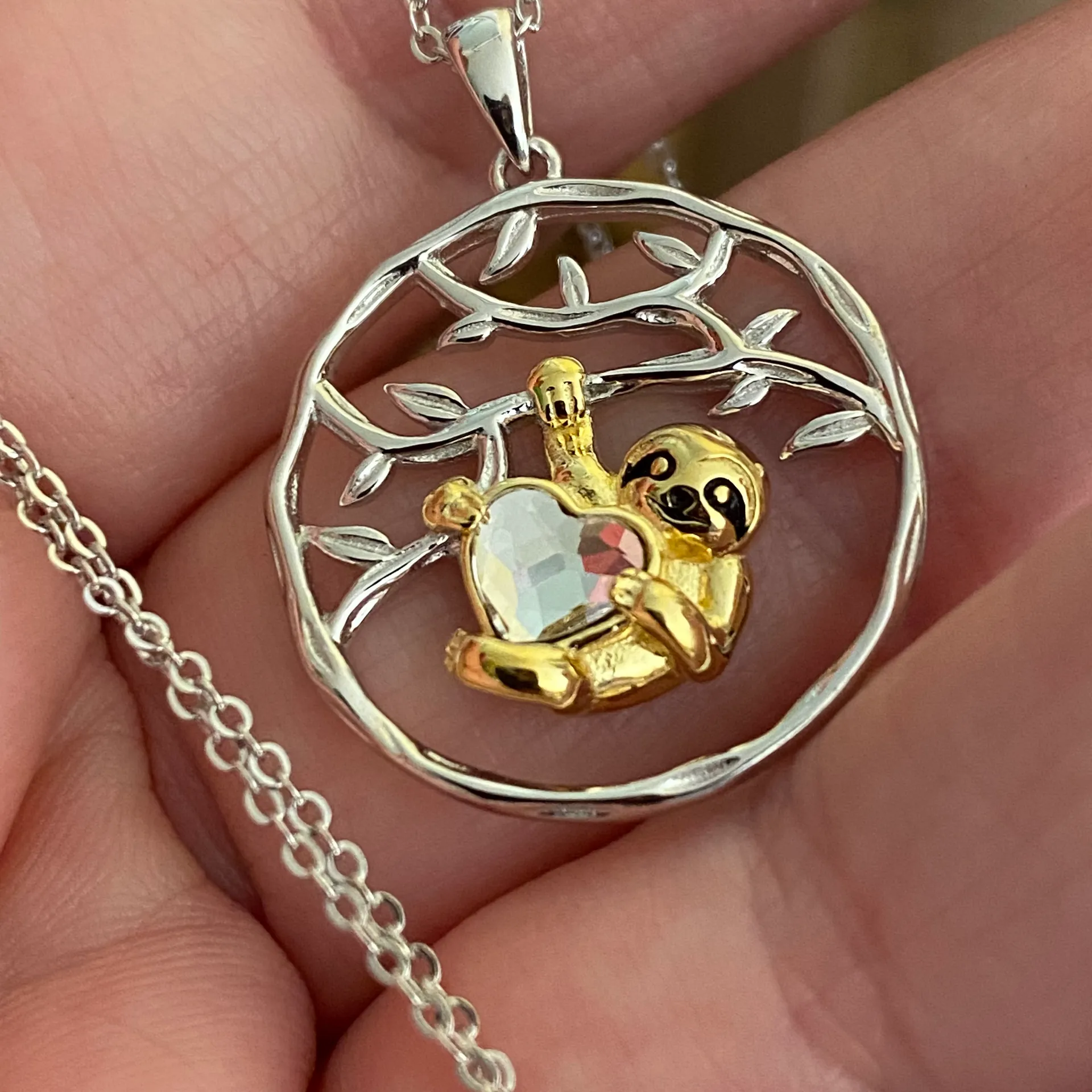 Sloth Tree Of Life Swarovski Crystal Sterling Silver Necklace - Image 2