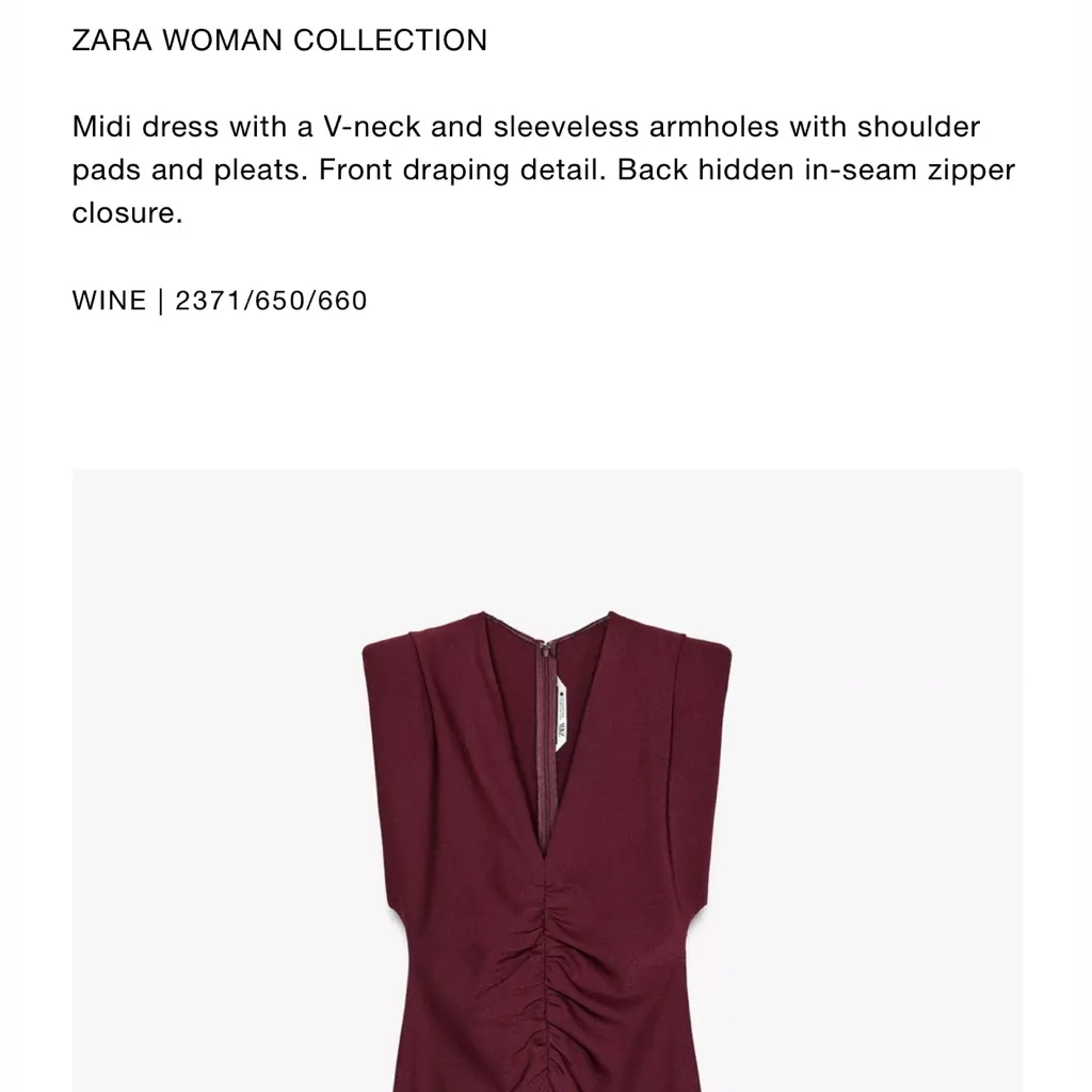 Zara NWT burgundy ruched v neck shoulder padded draped midi dress ZW collection - Image 3
