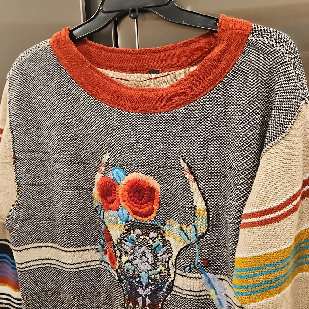 💕FREE PEOPLE💕 Desert Rose Sweater Embroidered Longhorn Colorblock Knit Medium - Image 9