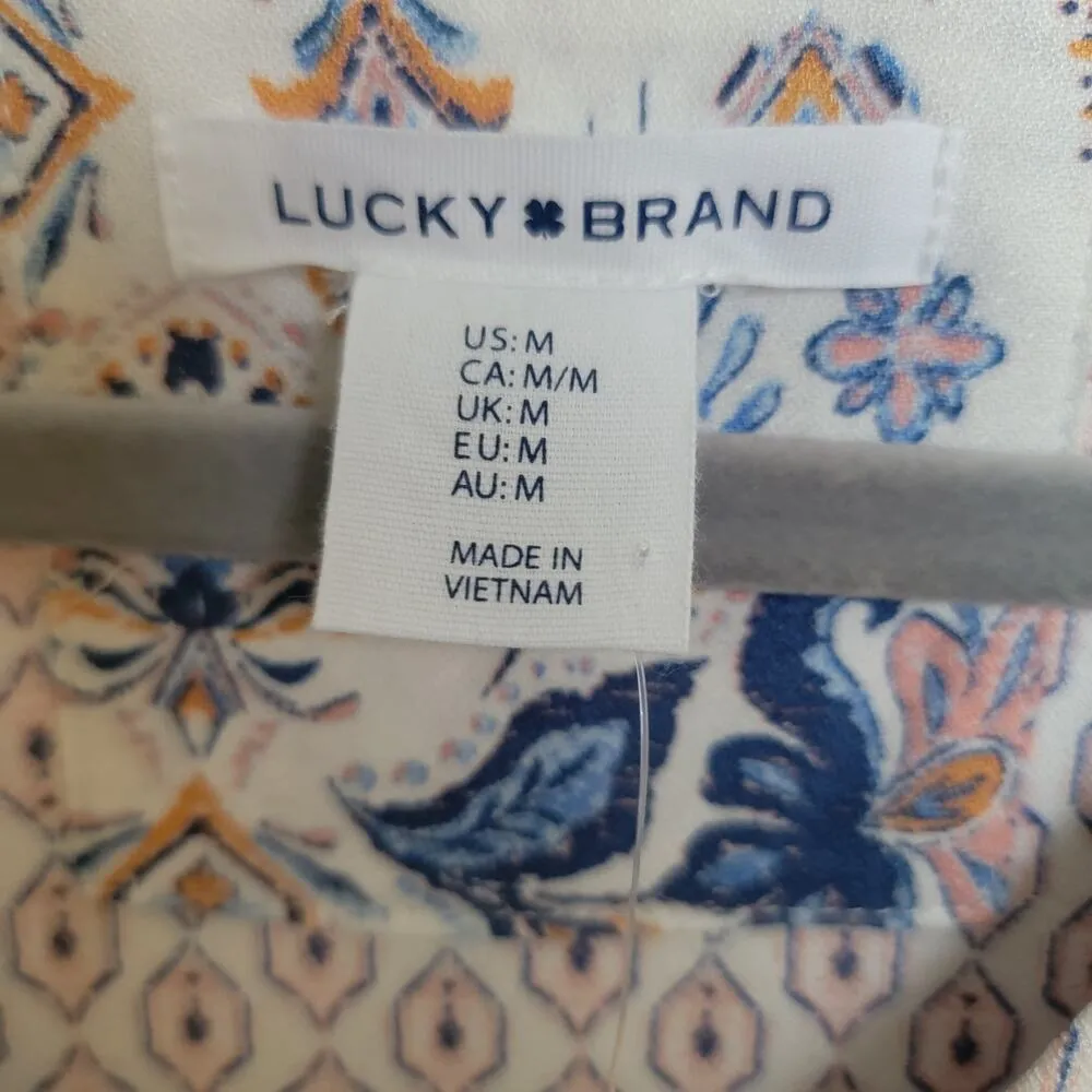 Lucky Brand White Blue Peasant Boho Puff Sleeve V Neck Midi Dress Size Medium - Image 2