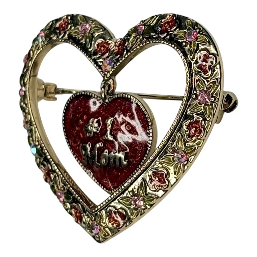 Vintage #1 Mom Heart Brooch Pin‎ Rhinestone Dangling Heart Mother's Day Gift Red - Image 5