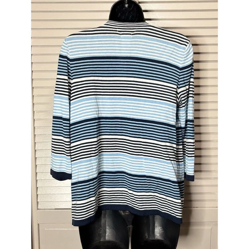 Van Heusen Studio Open Cardigan Sweater Blue/White Stripe Long Sleeve Size Small - Image 4
