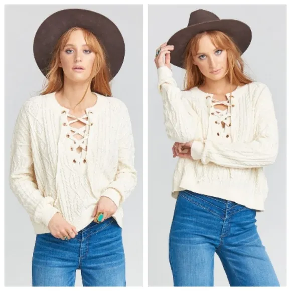 💕SHOW ME YOUR MUMU💕 Joey Lace Up Sweater Snowflake Cable Knit Soft White S NWT - Image 2