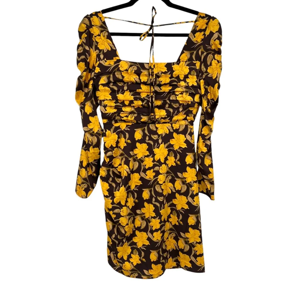 Floret Studios Floral Long Sleeve Ruched Square Neck Dress Yellow Brown XS NWOT - Image 7