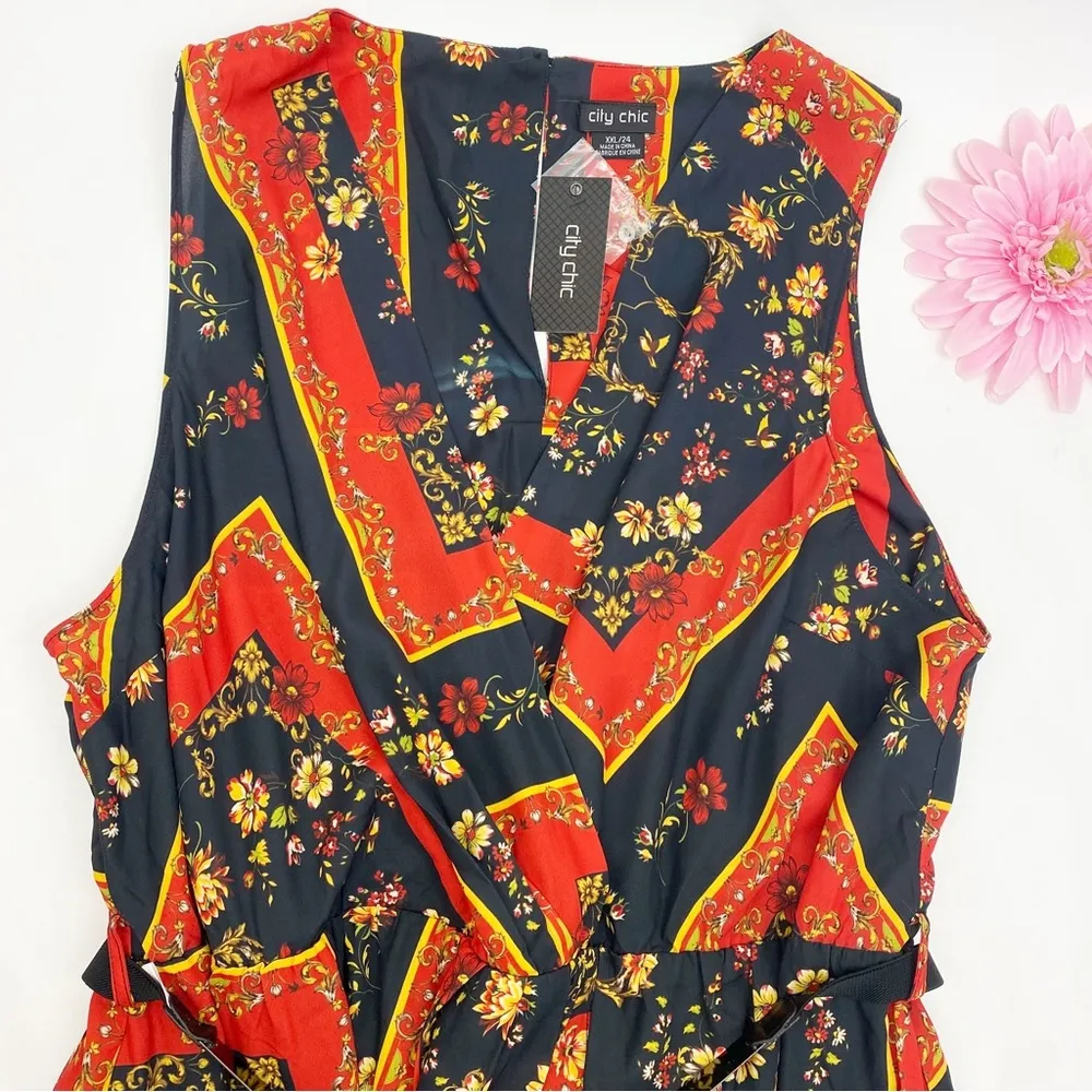 City Chic Printed Scarf Faux Wrap Midi Dress: Floral Patchwork Red Black - Image 5