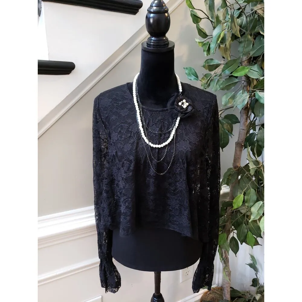 Women's Cupio M Black Lace Top with Long Sleeves and Scalloped Trim - Image 2