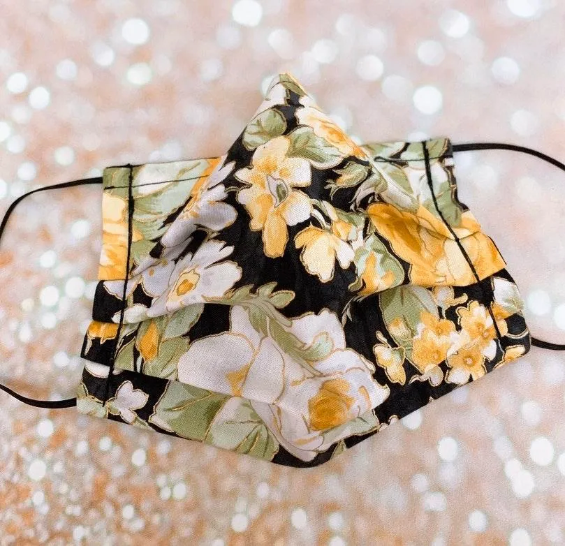 Luxury Black Yellow Gold Metallic Floral Premium Cotton Face Mask - Image 3