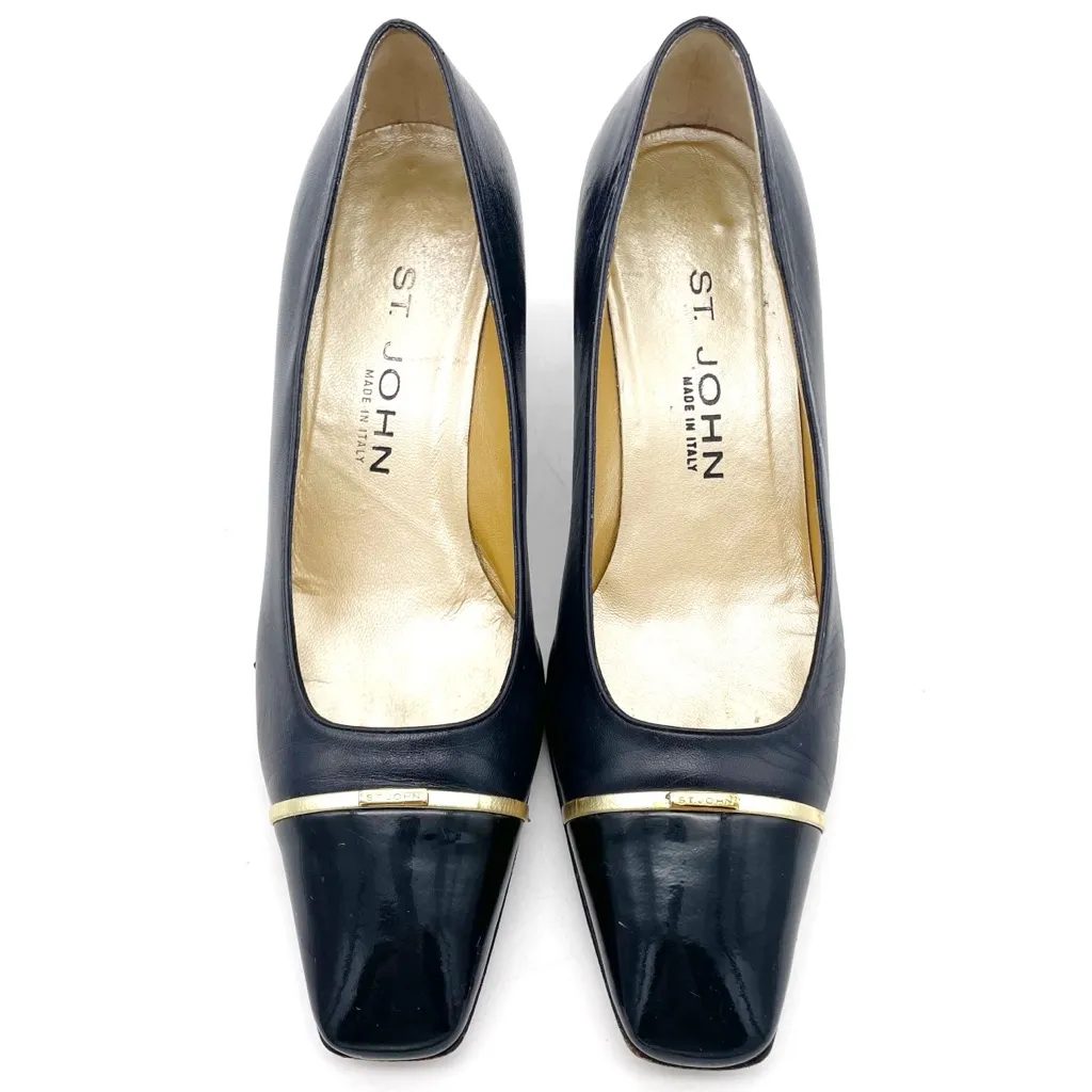 St. John Navy Leather Pumps Size 7 Gold Trim Cap Toe Classic Mid Heel Italy VTG - Image 7
