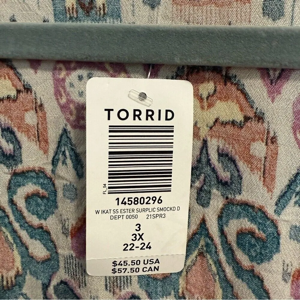 NWT Torrid Ikat Pring Rayon‎ Crepe Smocked Suprlice Wrap Top Geometric Abstract - Image 3