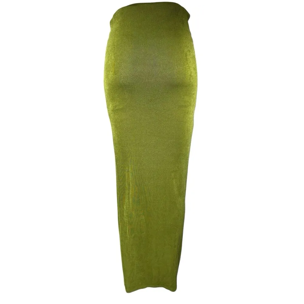 SHEIN Olive Green Ruched Twisted Knot Slit Maxi Straight Pencil Skirt Size S - Image 3