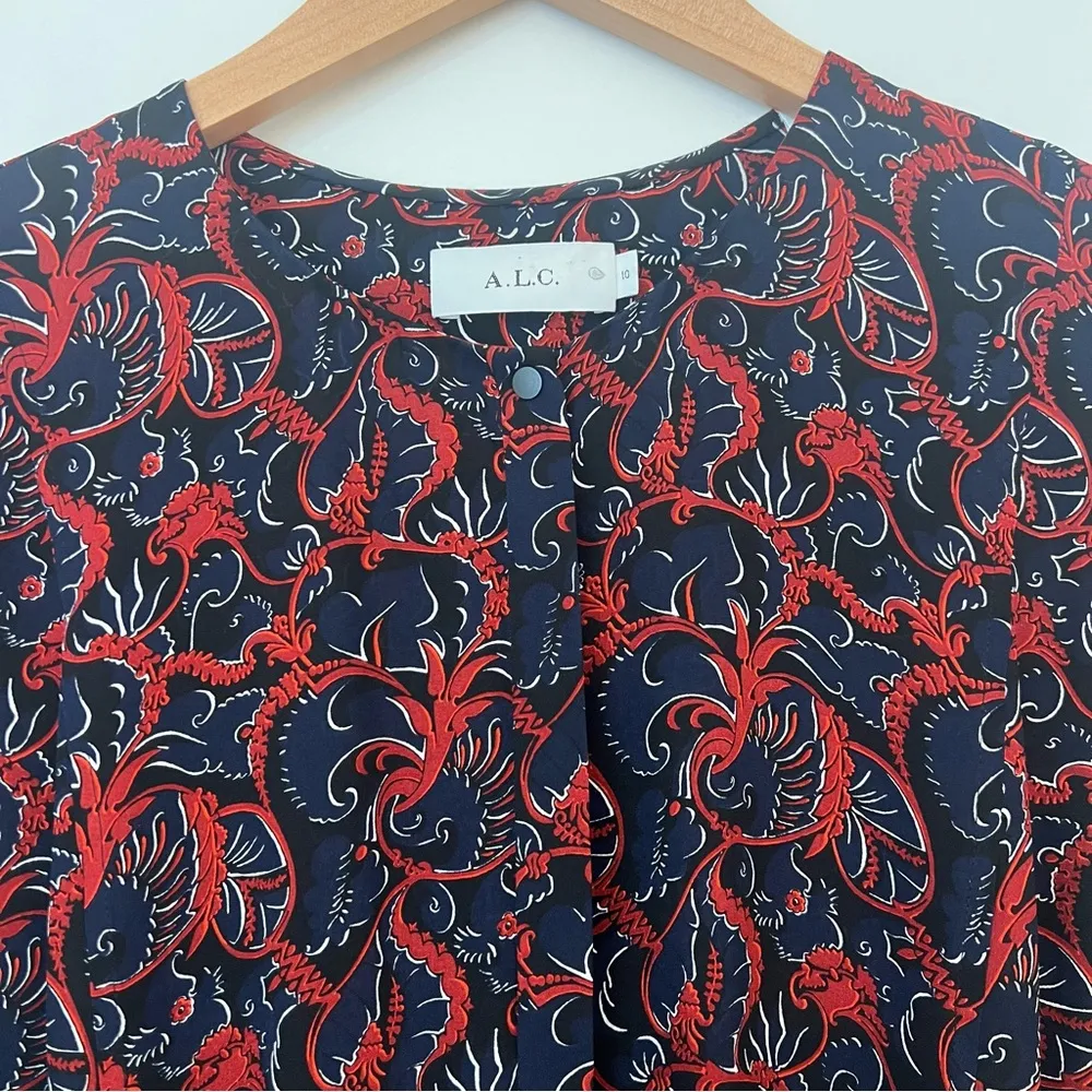 ALC Silk Long Sleeve Pattern Mini Dress Red Blue - Image 7