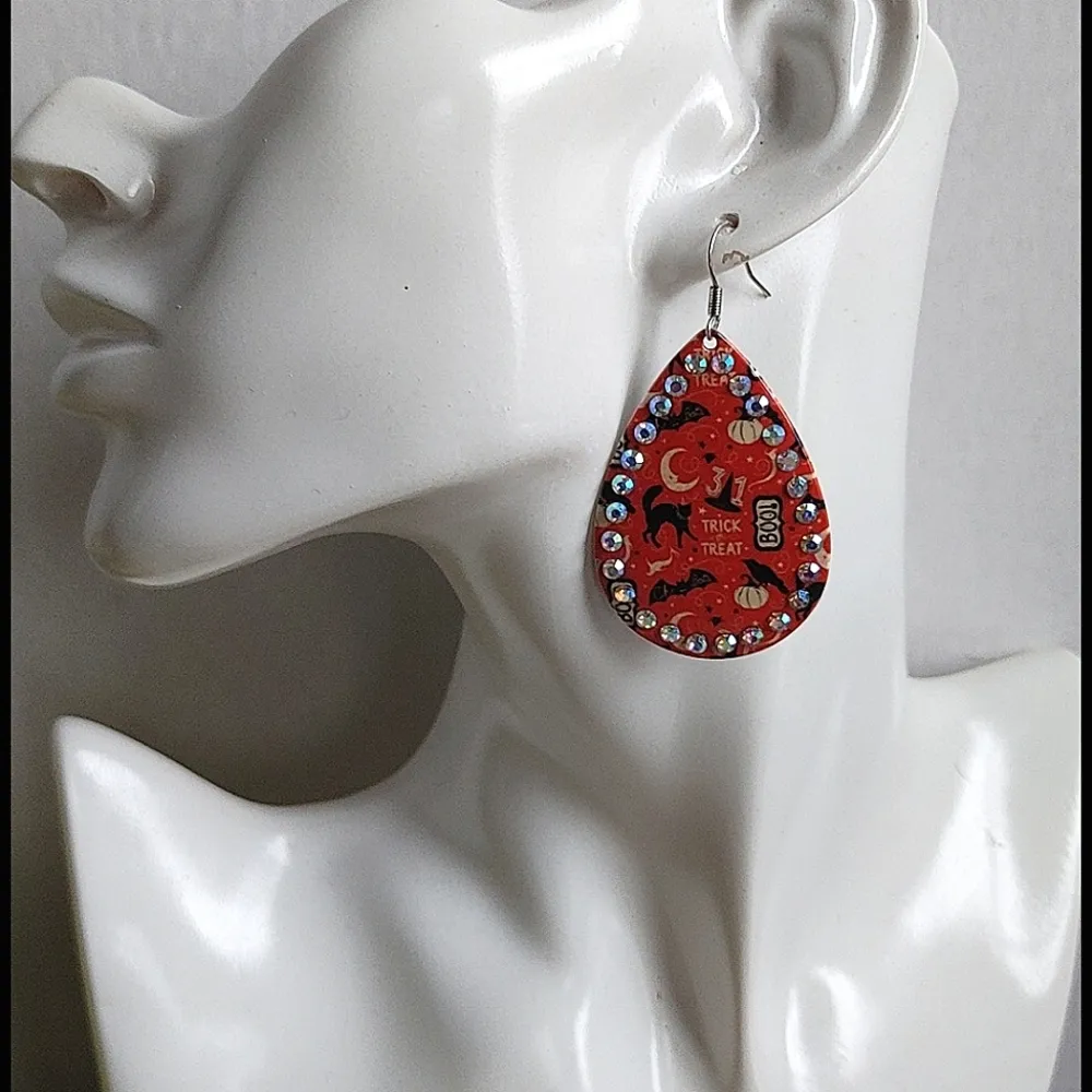Halloween Scene Teardrop Metal Earrings Orange - Image 4