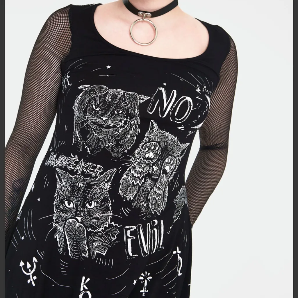 NO EVIL CATS LONGLINE TOP WITH NET SLEEVES Black Size L - Image 5