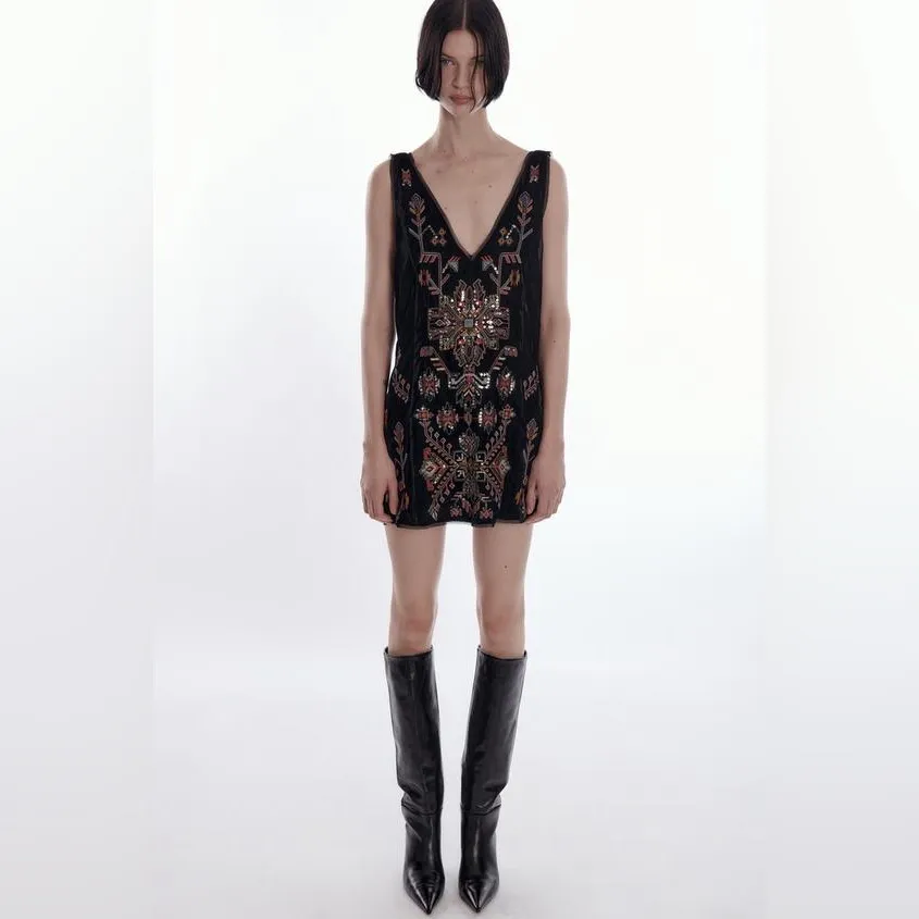 Zara Velvet Embroidered Mini Dress XS | Boho Western Whimsygoth Party - Image 4