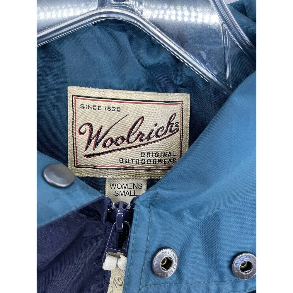 Woolrich Women's Raincoat Blue Hoodie Size Small Nylon Jacket Cinch Waist long - Image 8