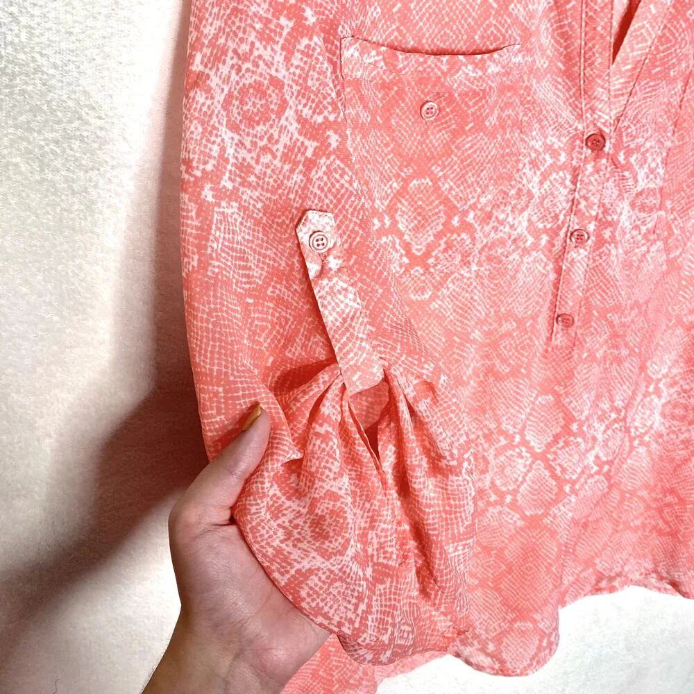 Fred David Long Roll Tab Sleeve Button Up Blouse Patch Pocket Pink White XL Top - Image 5