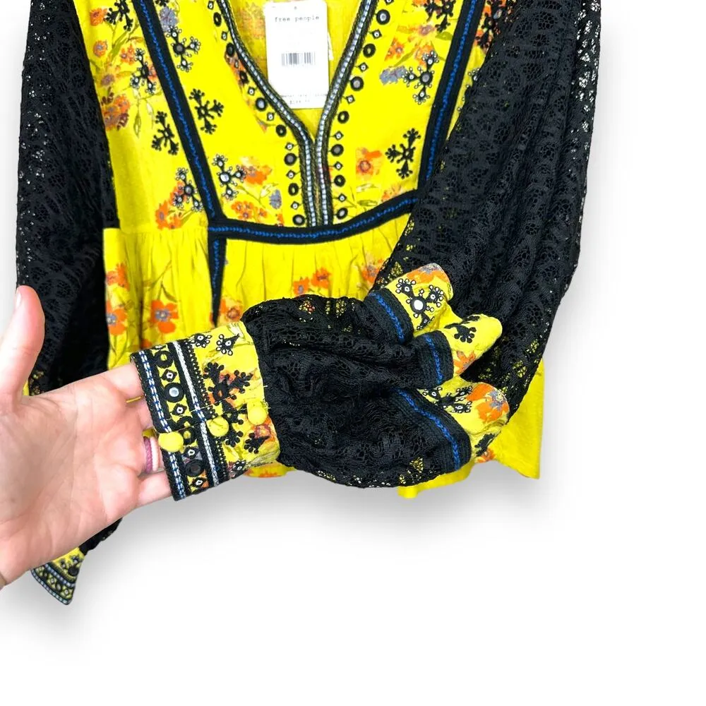 Free People NWT Boogie All Night Chartreuse Yellow Embroidered Lace Floral Top - Image 4