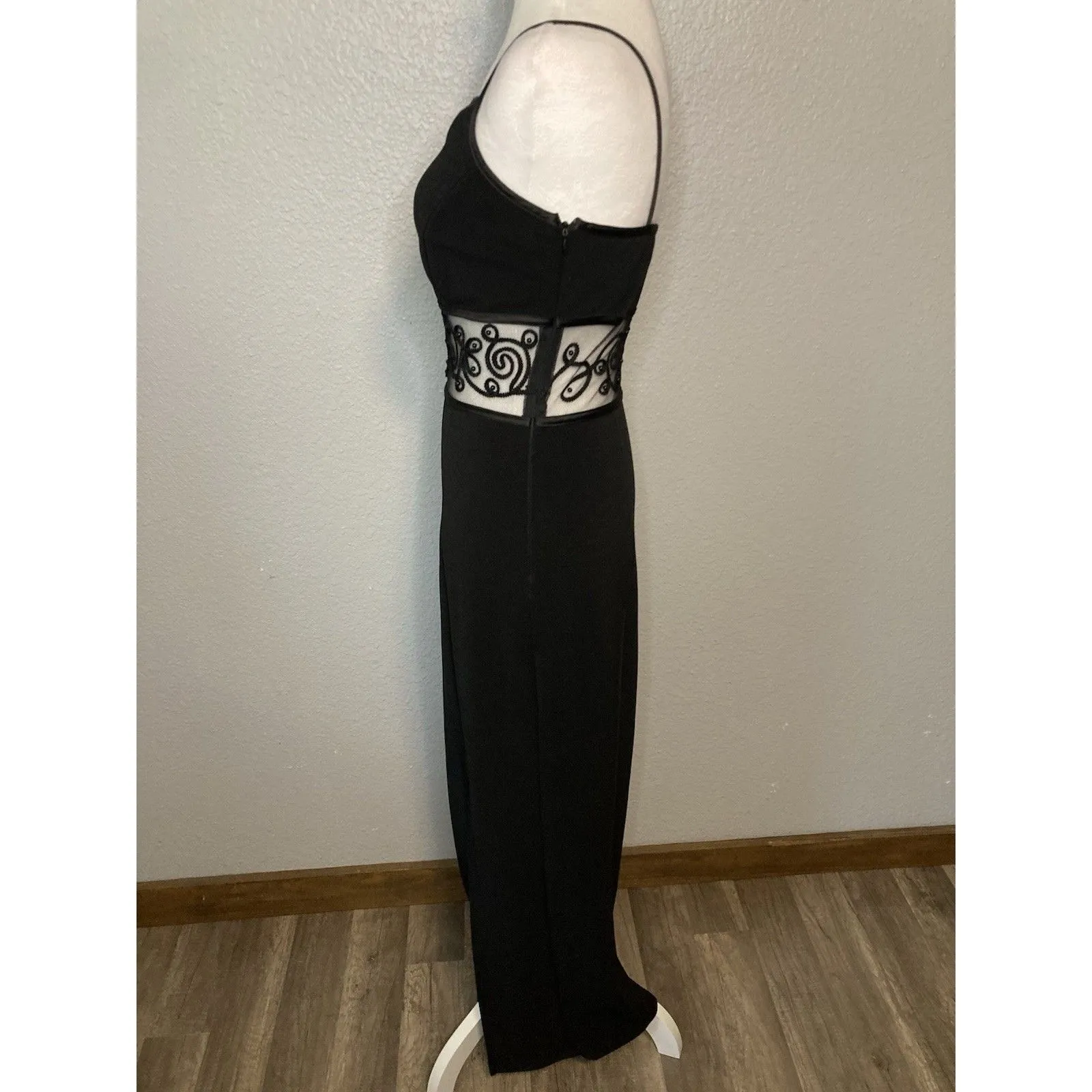 Vtg 90s Bari Jay Dress Black Maxi Slit Sheer Beaded Panel Evening Cocktail 5/6 - Image 6