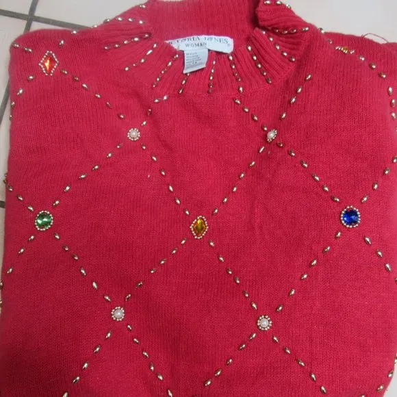 Vintage Victoria Jones 1x Red Beaded Embellished Jeweled Christmas Sweater Artsy - Image 2