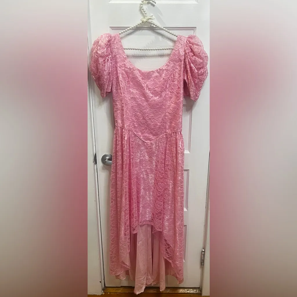 Dance Allure vintage formal dress 80s pink high-low lace puff sleeves drop waist - Image 2