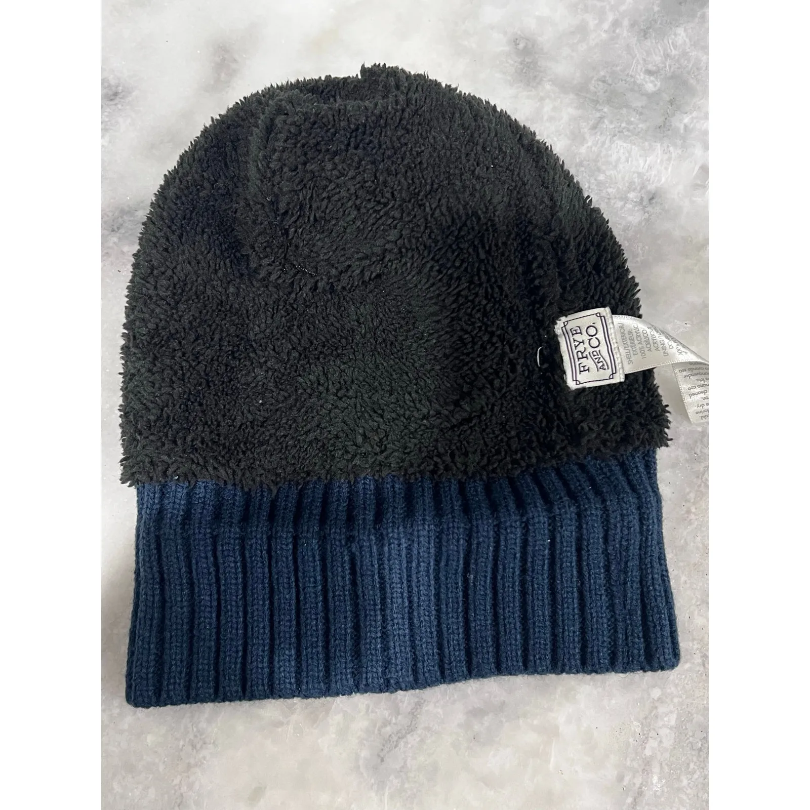 Frye and Co. Navy Blue Knit Beanie Hat Sherpa Lined Ribbed Cuff Winter Cap - Image 6