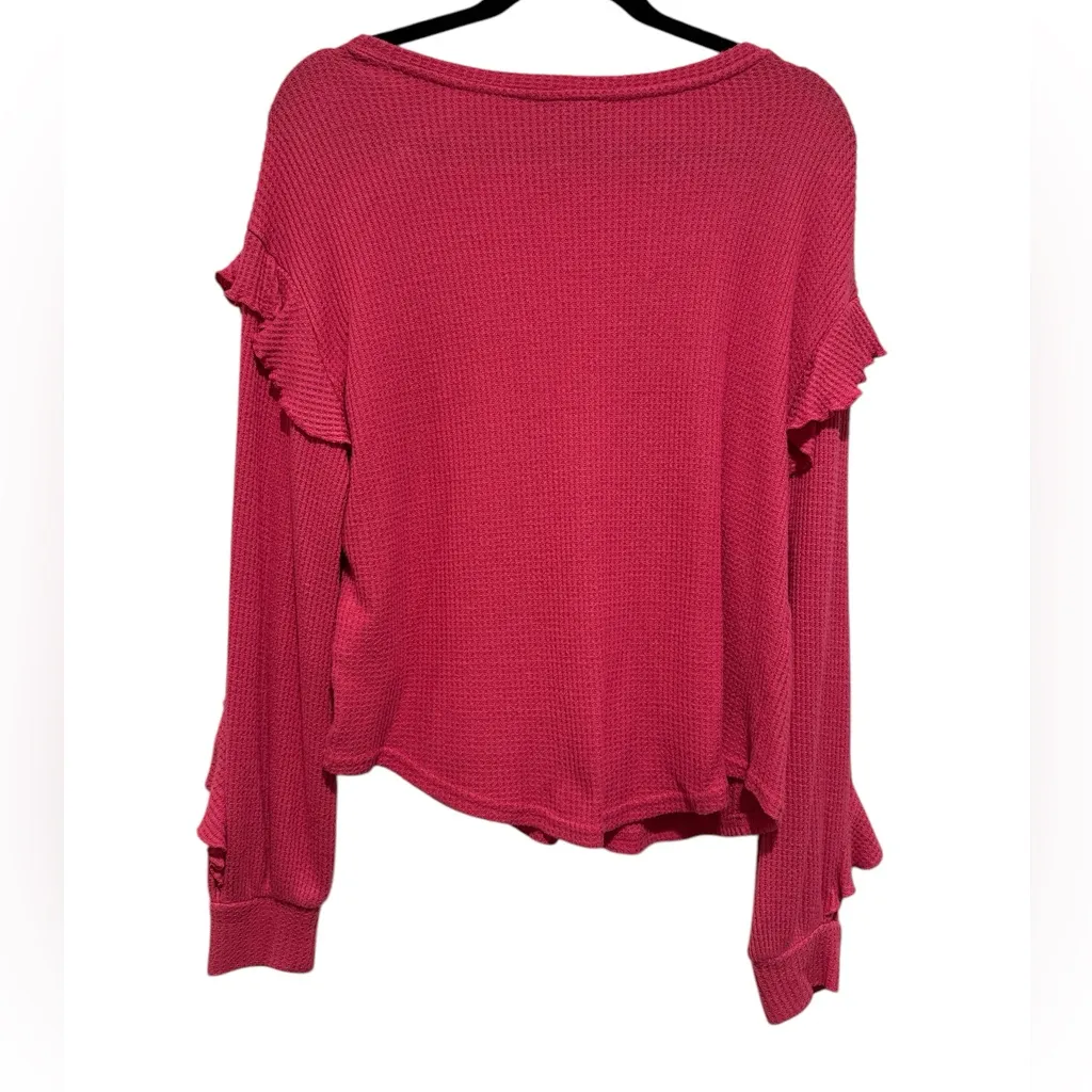 PILCRO PINK THERMAL WAFFLE KNIT DEEP VNECK LONG SLEEVE PULLOVER LONG SLEEVE TOP - Image 3