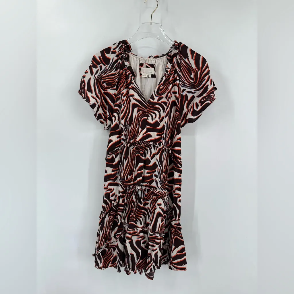 Anthropologie Robin Tiered Brown Orange White‎ Marble Animal Mini Dress small - Image 3