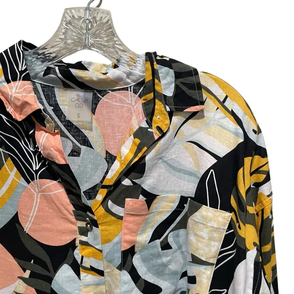 Calia by Carrie Underwood Multi Palm Print Button Down Cover Up Size Small Black - Image 6