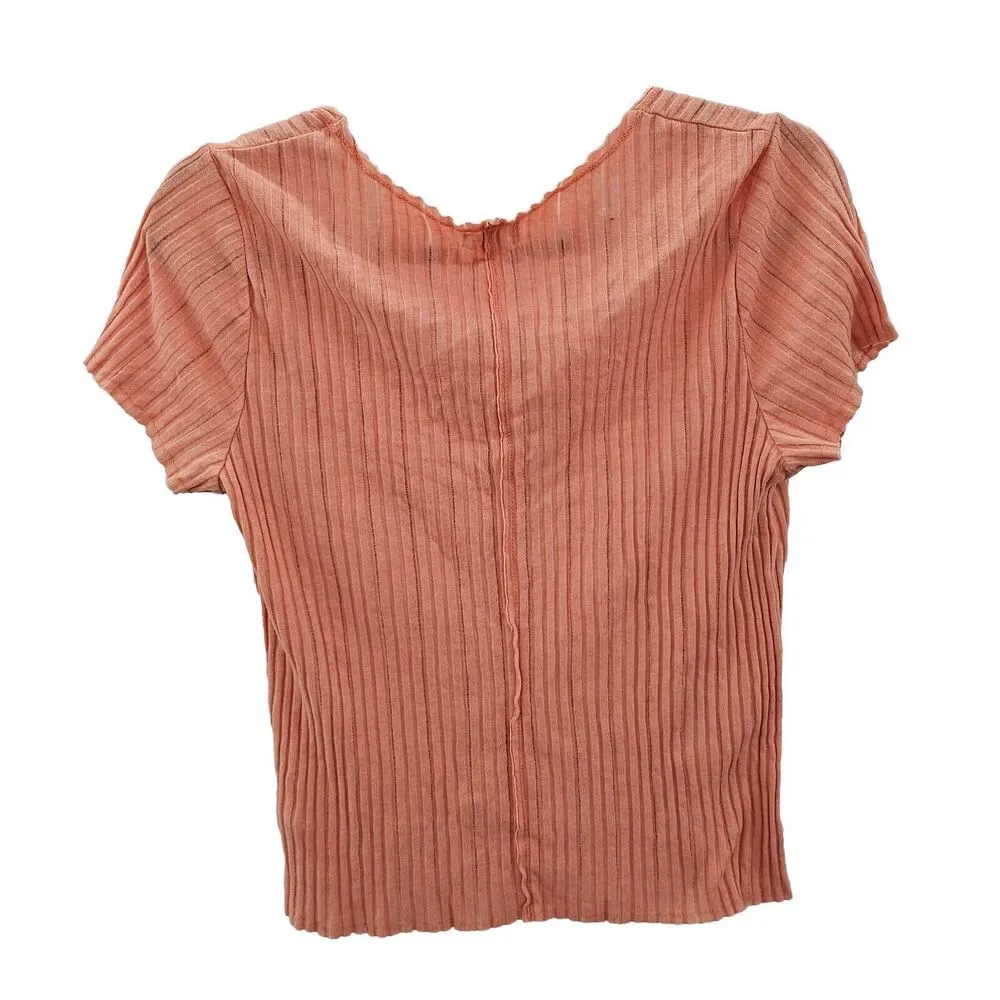 PST Rib V-Neck T-Shirt Womens Size S Cropped Lightweight Top Coral Pink - Image 3