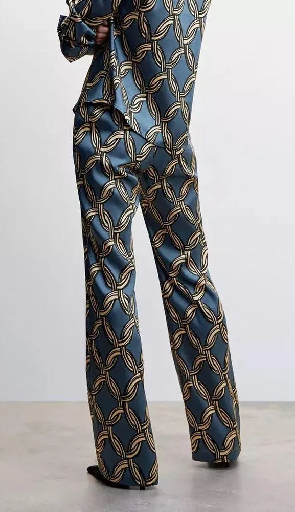 NWT Mango Satin Printed Trousers Flowy Pants Geometric Chains M Italian Fabric - Image 2