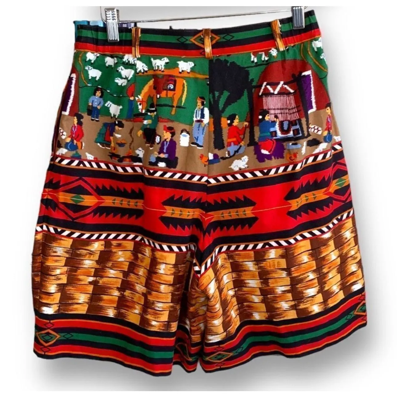 Vintage Native American Folk Art High Waisted Tailored Cotton Shorts Small Boho Red - Image 3