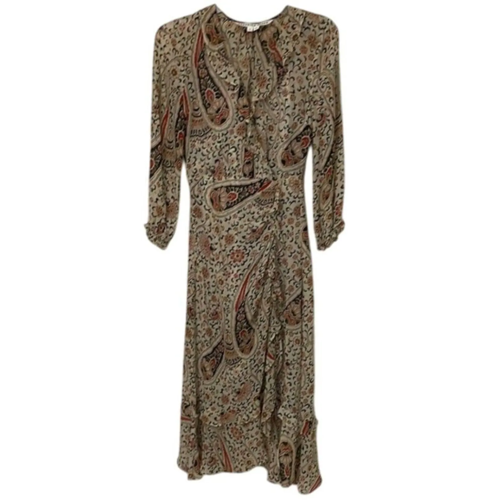 Veronica Beard Beige Derby Paisley Silk Midi Dress Womens Size 00 Ruffles - Image 3