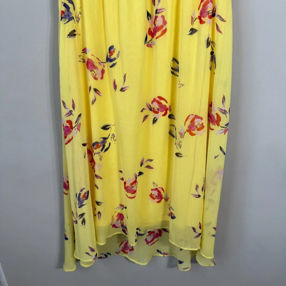 DKNY Shirred Floral Print Crepon Midi Dress Womens 14 Yellow Flutter Sleeve Chic - Image 10