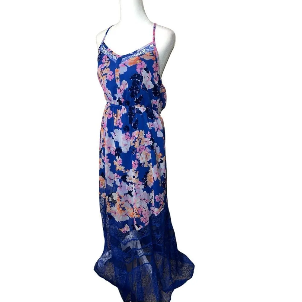 Candies pretty blue floral design maxi dress , lace bottom & spaghetti straps. - Image 3