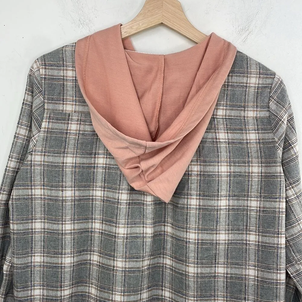 Flannel Plaid Long Sleeve Front Button Closure With Hood Shirt Gray Small Cotton - Image 9