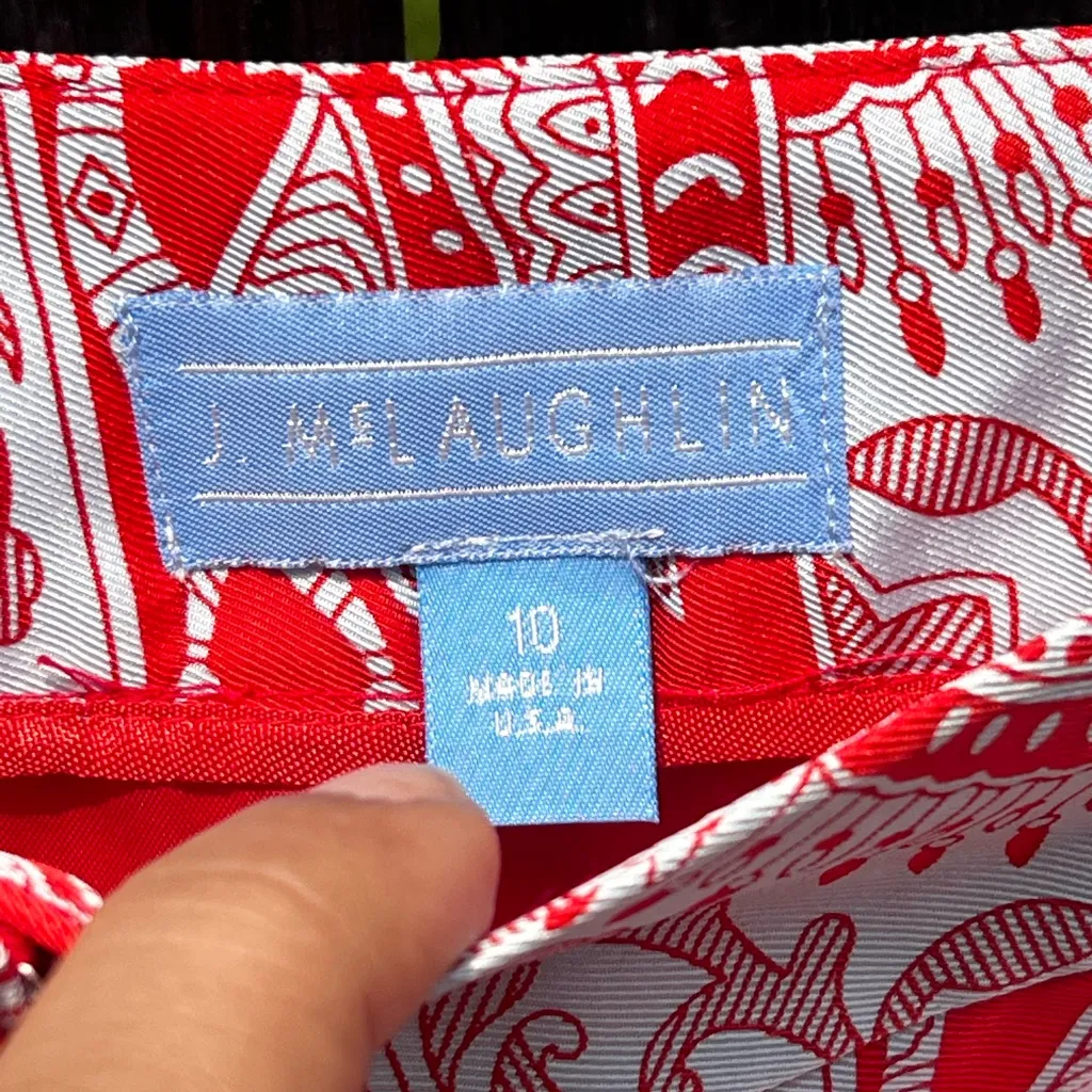 J. McLaughlin Silk Skirt With A Novelty Peacock Print In Red And Light Grey - Image 5