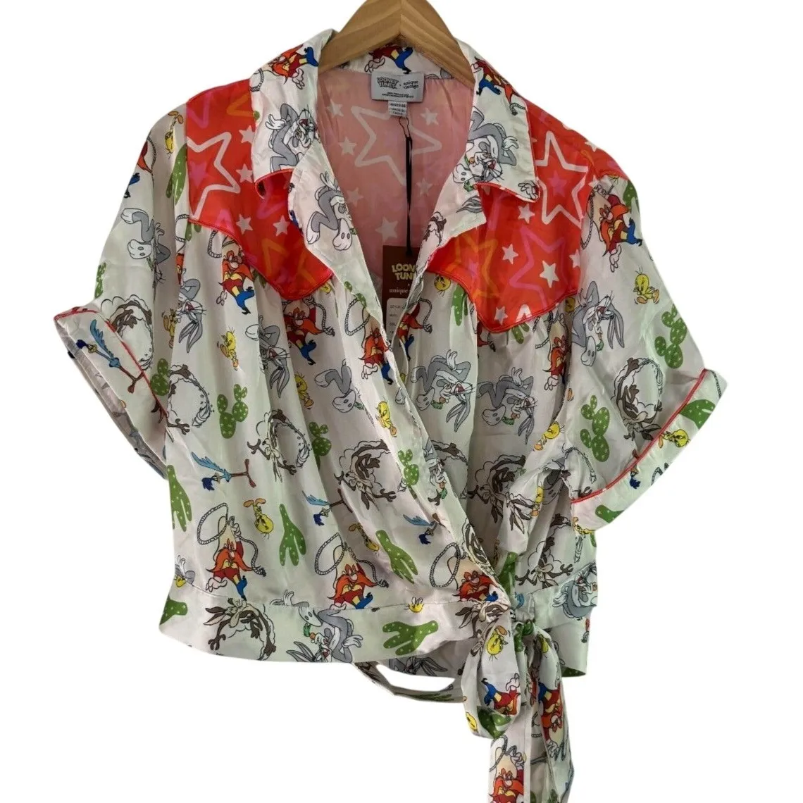 Unique Vintage Looney Tunes Bugs Bunny Wrap Crop Top Shirt XL 14 Western Stars - Image 2