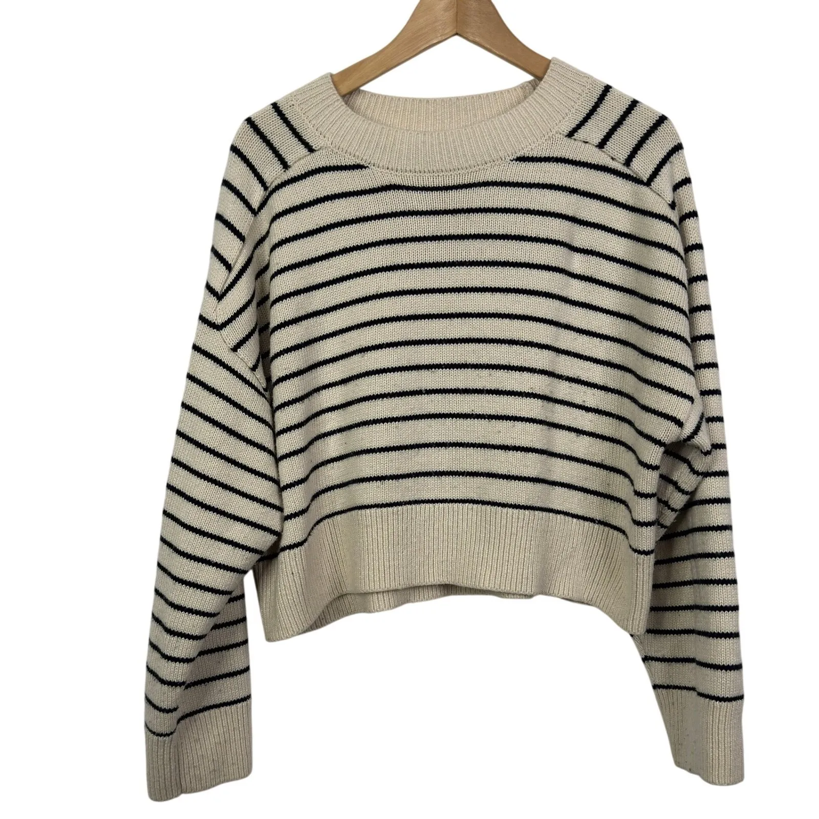 ZARA Striped Cropped Knit Sweater Cream Black Long Sleeve Crew Neck Women's M - Image 2