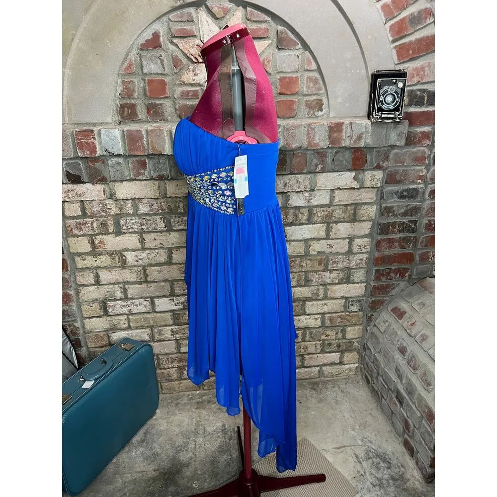 formal dress prom strapless jeweled waist sheer layers royal blue - Image 4