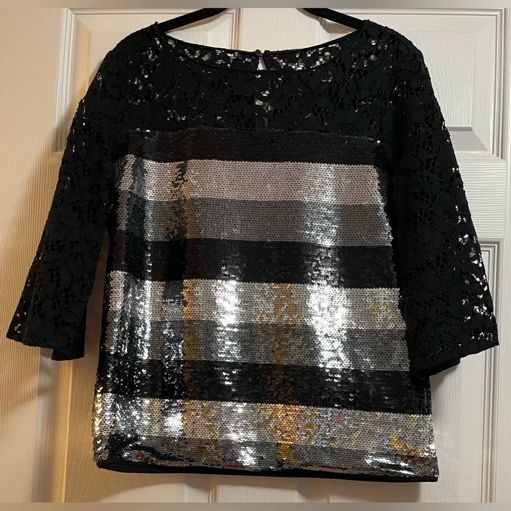 SB by Sachin & Babi Black & Silver Sequin Striped Pattern & Lace Knit Top Size S - Image 3